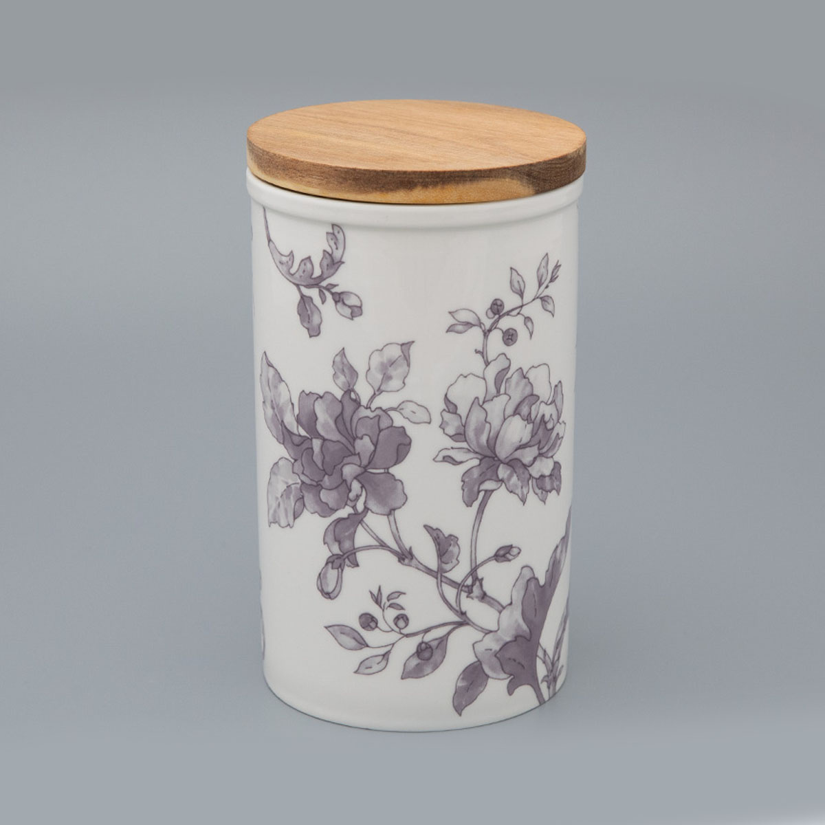 Фарфоровая банка для хранения с деревянной крышкой Monplaisir Violet (форма Стандартная), 700 мл, 12 см, белый/декор